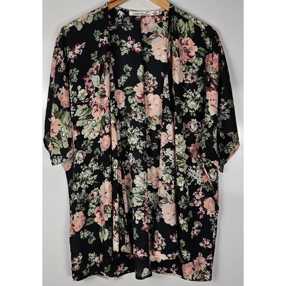 Liberty love kimono blouse womens size 2XL open front black pink floral